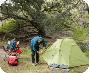 A man setting up a tent in a peaceful forest, surrounded by tall trees and the beauty of nature.