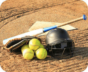 Softball essentials: bats, gloves, balls, and a helmet.