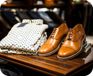 A pair of brown shoes and collared shirts on display.