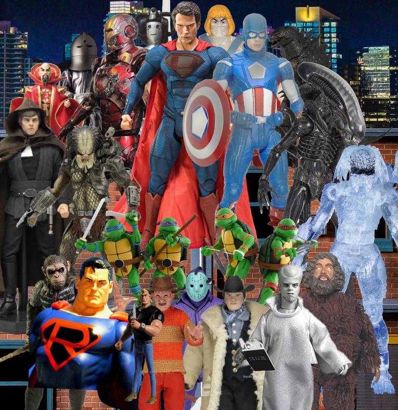  A collection of action figures featuring The Avengers, Teenage Mutant Ninja Turtles, and other characters.