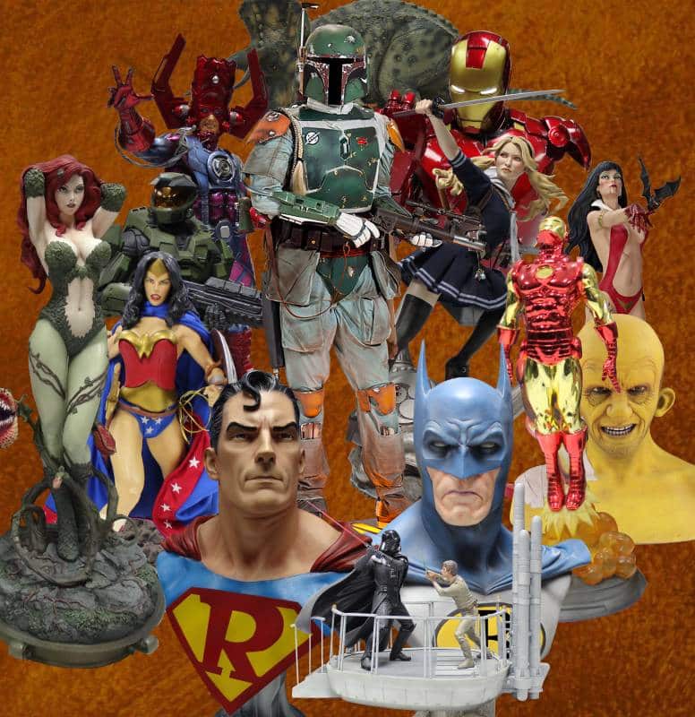 A collection of action figures of popular comic characters.